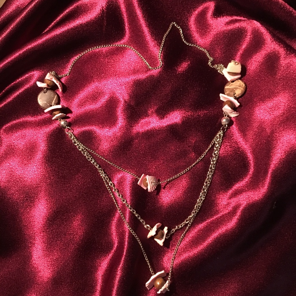 Pink seashell, stone and wood necklace